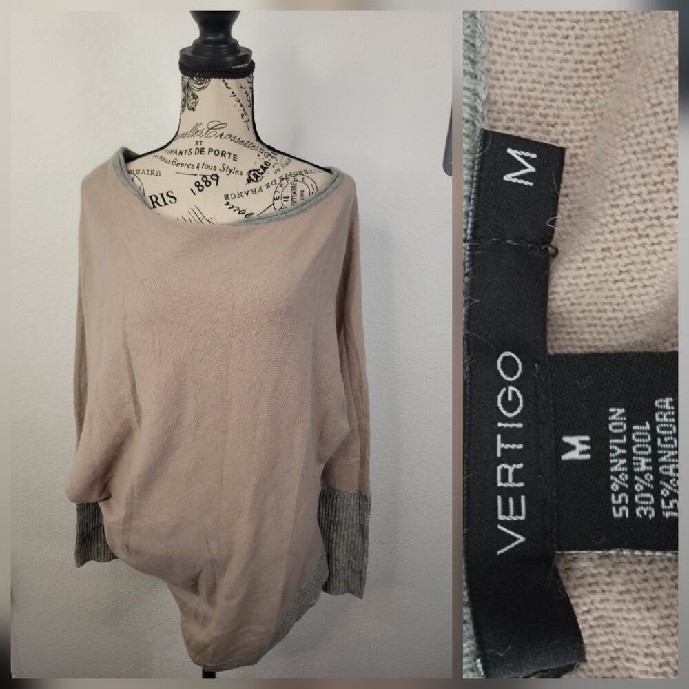 Vertigo Asymmetric Sweater Sz M Poncho Style Lightweight Tan Gray wool Angora